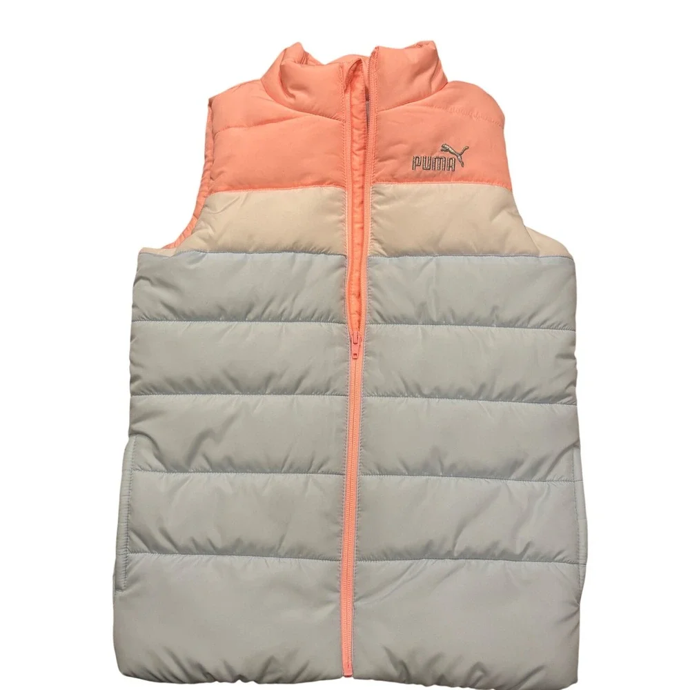Puma Girls Puffer Vest Colorblock Pink Blue‎ Quilted Full Zip Size M 10/12